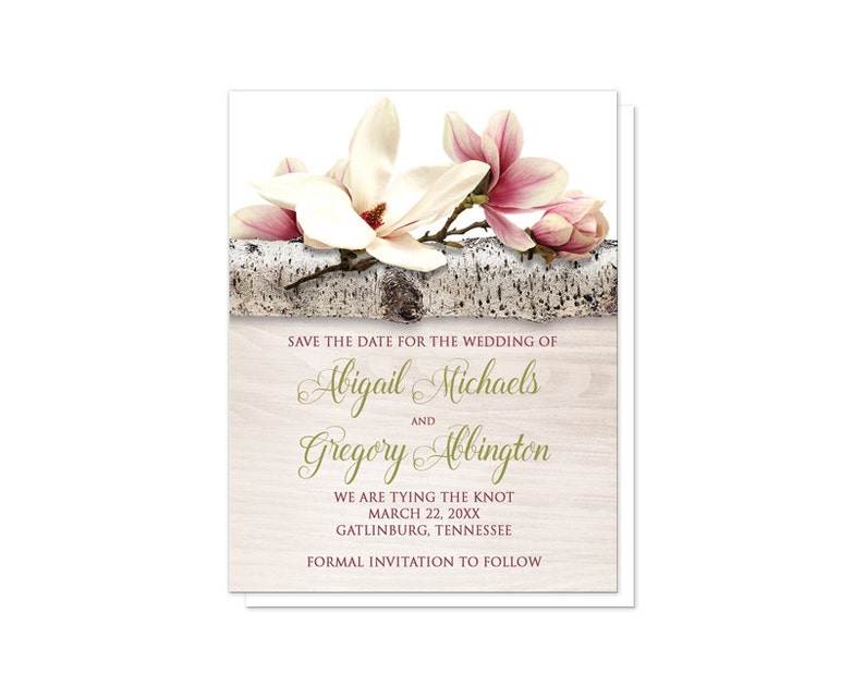 Magnolia Save the Date Cards Floral Birch Light Wood Pink White Flowers Green Printed Flat Cards image 2