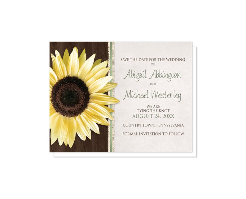 Sunflower Save the Date Cards Country Wood Brown Green Rustic Sunflower Save the Date Printed Flat Cards image 2