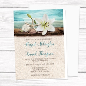 Beach Wedding Invitations, Lily Seashells Sand Teal destination summer tropical wedding invites Printed zdjęcie 1