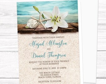 Beach Wedding Invitations, Lily Seashells Sand Teal - destination summer tropical wedding invites - Printed