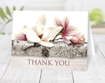 Magnolia Birch Thank You Cards, Light Wood Floral white pink - Printed