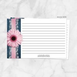 Pink Daisy Recipe Cards, Lace Rustic Blue Denim Floral Pink, double-sided 4x6 Printed Recipe Cards image 2