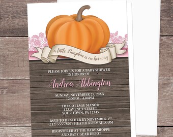 Little Pumpkin Baby Shower Invitations, Rustic Orange with Pink - A little pumpkin is on her way, Fall Baby Shower invites, Printed