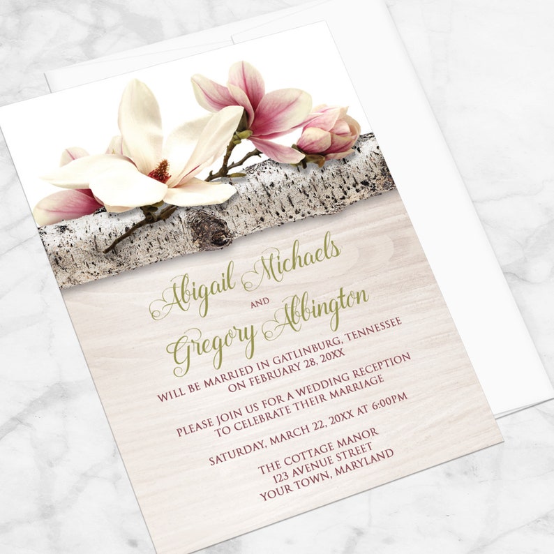 Magnolia Reception Only Invitations, Floral Birch Wood magnolia invitations Printed image 2