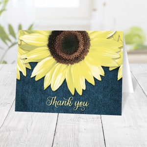 Sunflower Thank You Cards, Rustic Denim Sunflower, yellow blue Printed Thank You Cards image 1