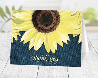 Sunflower Thank You Cards, Rustic Denim Sunflower, yellow blue - Printed Thank You Cards