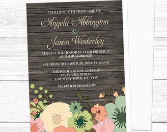 Floral Wood Wedding Invitations, Rustic Orange Teal Pink Beige Green Flowers Brown, rustic wedding invites  - Printed