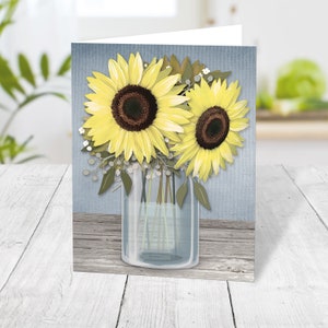 Rustic Sunflower Note Cards, Blue Mason Jar Floral Printed image 1