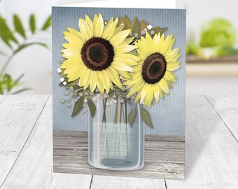 Rustic Sunflower Note Cards, Blue Mason Jar Floral - Printed