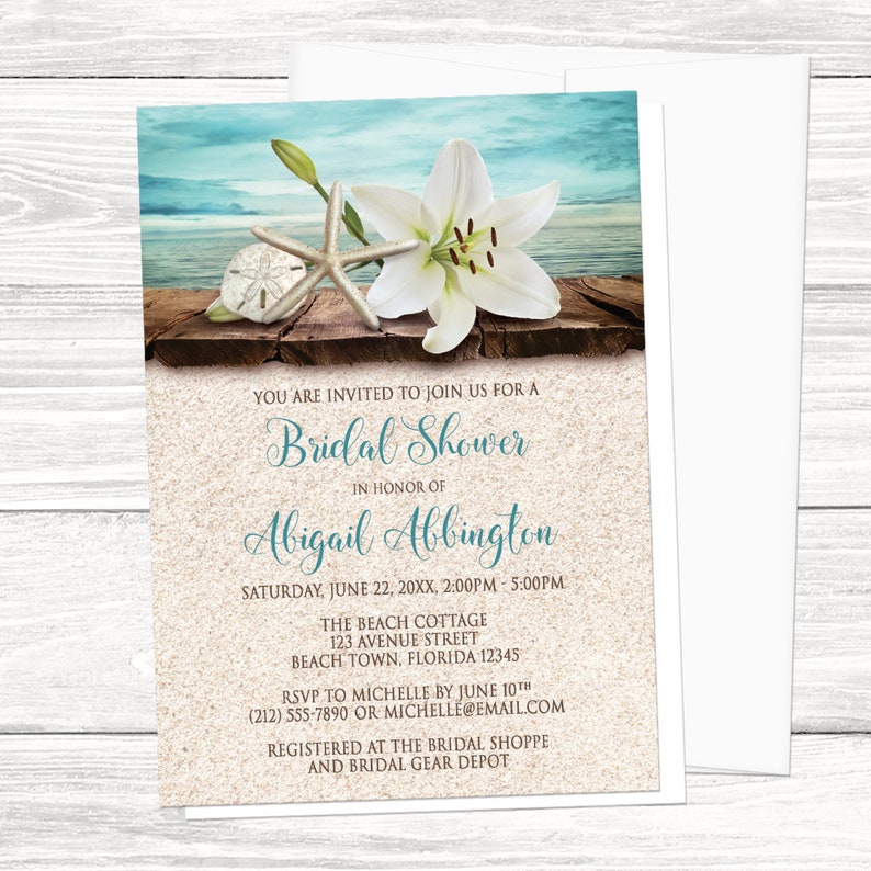 Beach Bridal Shower Invitations, Lily Seashells Sand Teal, destination summer tropical invites - Printed with Envelopes.