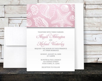 Pink Beach Wedding Invitations, Pink Seashell Pattern with Gray - Printed