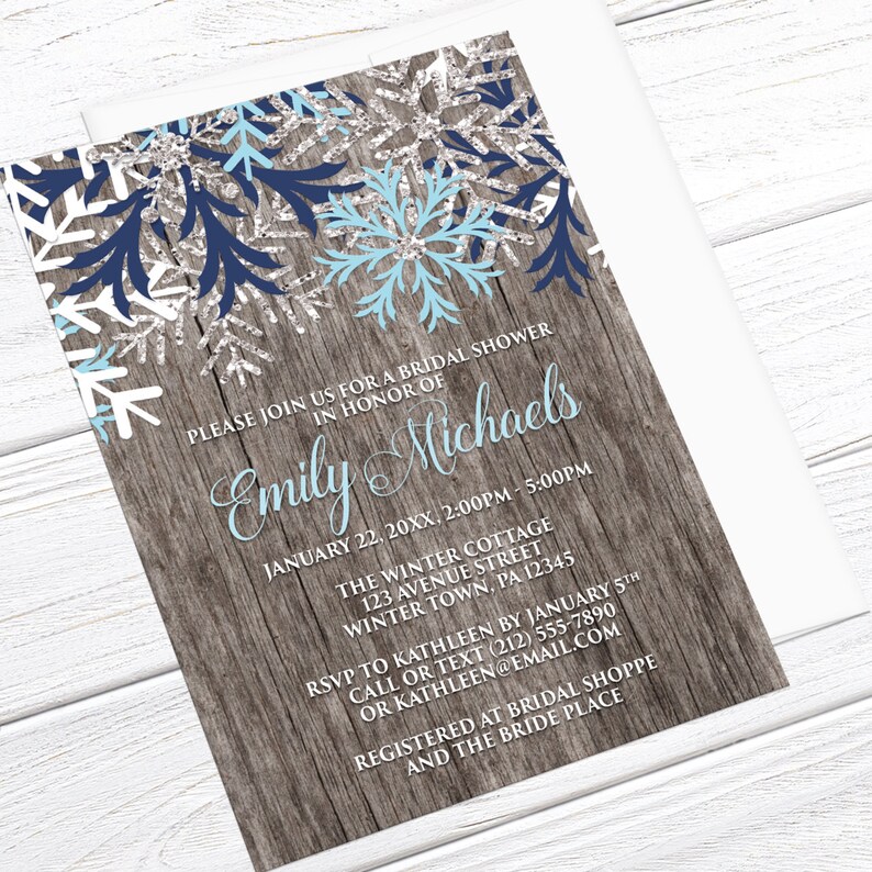 Rustic Winter Bridal Shower Invitations Country Rustic Winter Wood Navy Aqua Snowflake, Rustic Shower Printed Snowflake Invitations image 2