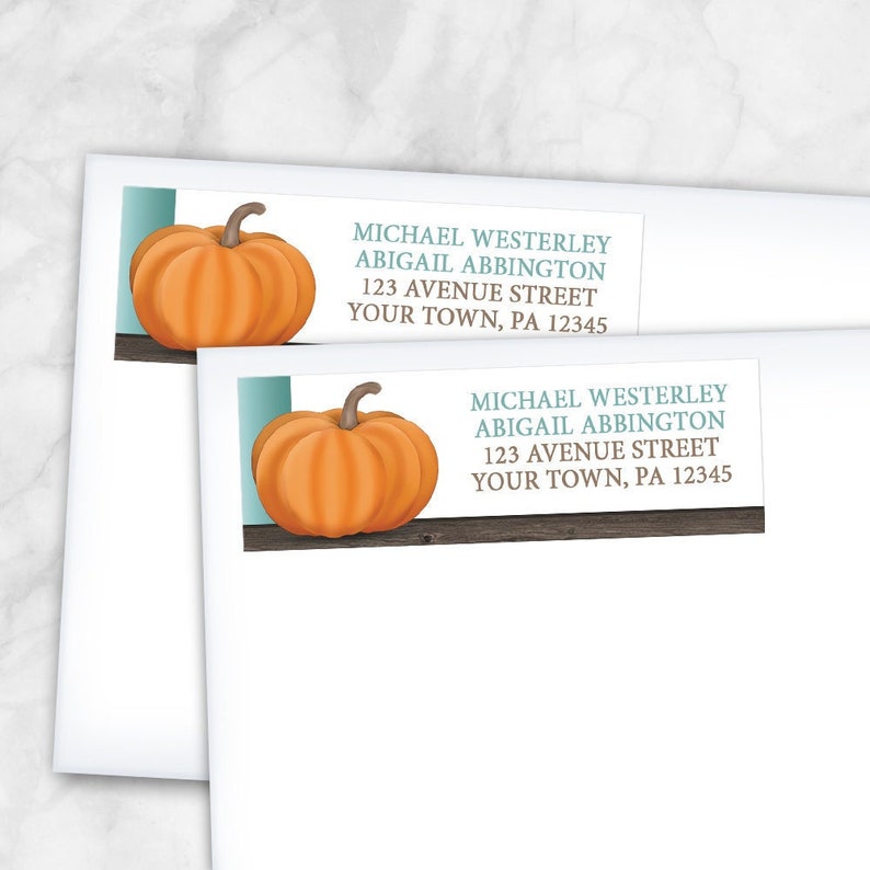 Pumpkin Address Labels Autumn, Rustic Wood Orange Teal and Brown for Fall Printed Return Address Labels image 1
