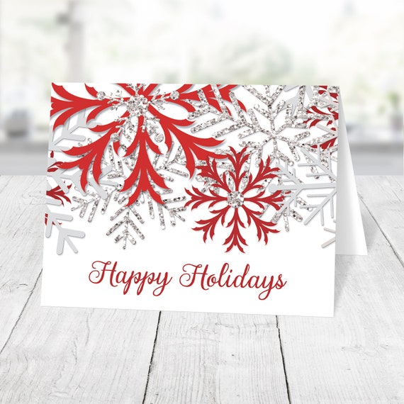 Holiday Cards, Red Silver Snowflake Winter design, Happy Holidays Christmas cards with greeting - Printed Il_570xn