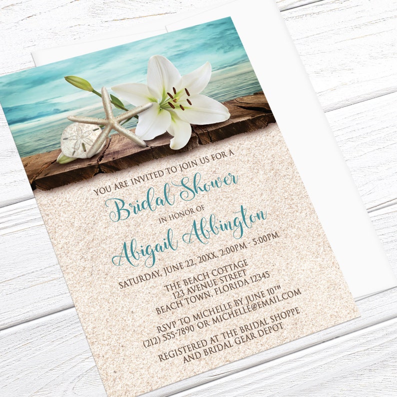 Beach Bridal Shower Invitations, Lily Seashells Sand Teal, destination summer tropical invites - Printed with Envelopes.