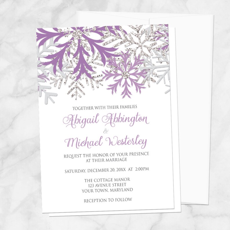 Winter Wedding Invitations Purple Silver Snowflake Purple Etsy