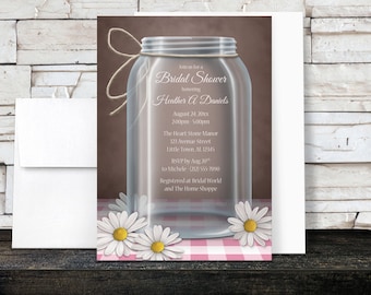 Mason Jar Bridal Shower Invitations - Country Mason Jar design with Pink Gingham and Daisy Floral on Brown - Printed Invitations