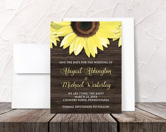 Sunflower Save the Date Cards - Rustic Country Wood Floral - Rustic Sunflower Yellow Brown - Printed Flat Cards