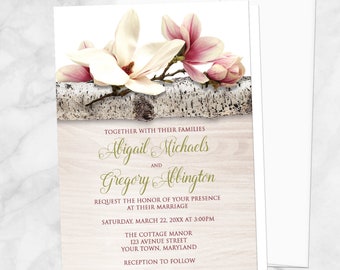 Magnolia Wedding Invitations, Rustic Floral Birch Light Wood - summer Wedding, spring wedding, floral rustic chic magnolia invites - Printed