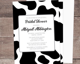 Cow Print Bridal Shower Invitations with Envelopes - Rustic Black and White Farm Theme, Custom Printed