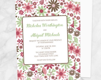 Summer Wedding Invitations, green berry pink brown flowers, floral invites - Printed