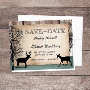 Rustic Woodsy Deer Save the Date Cards Winter trees and deer theme wedding Printed image 1