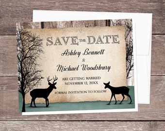 Rustic Woodsy Deer Save the Date Cards - Winter trees and deer theme wedding - Printed