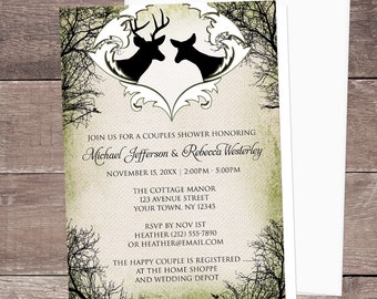 Rustic Deer Frame Couples Shower Invitations - Green Woodsy Outdoorsy Country Deer Wedding Shower - Printed Deer Invitations