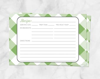 Green Gingham Recipe Cards, green and white country check pattern, double-sided - 4x6 Printed Recipe Cards