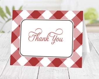 Red Gingham Thank You Cards, check pattern in red and white - Printed Thank You Cards