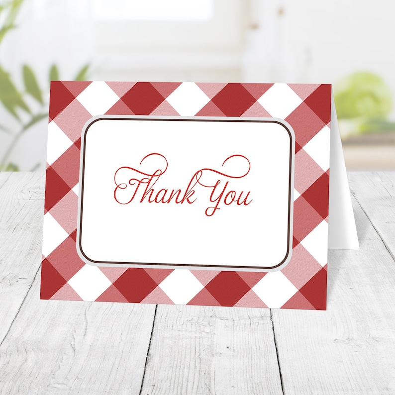 Red Gingham Thank You Cards, check pattern in red and white Printed Thank You Cards image 1