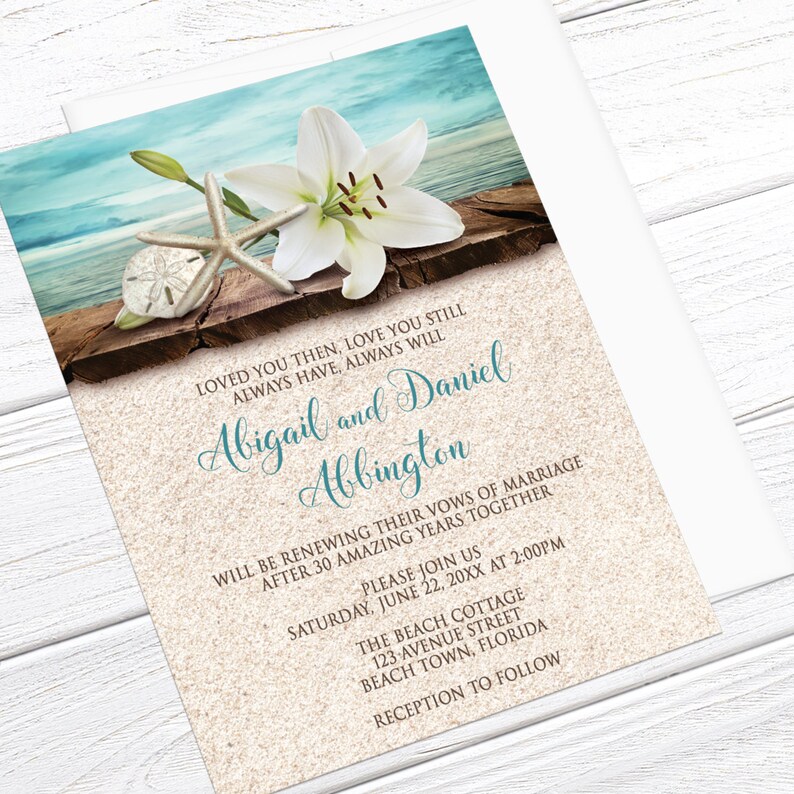 Beach Vow Renewal Invitations, Lily Seashells Sand, Teal Tropical Vow