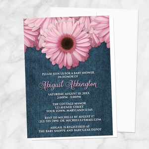 Pink Daisy Baby Shower Invitations, rustic denim and daisy shower invites - Printed