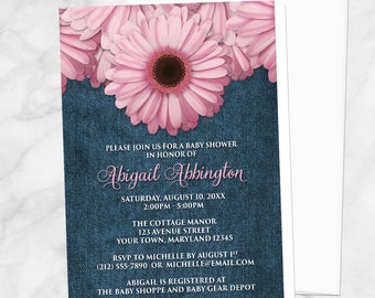 Pink Daisy Baby Shower Invitations, rustic denim and daisy shower invites - Printed