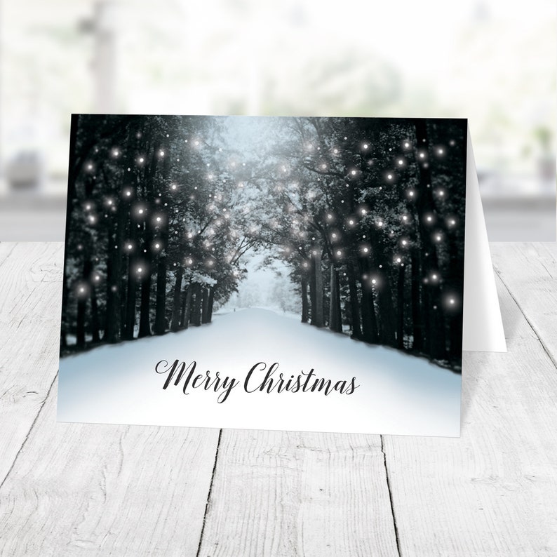 Winter Tree Lights Christmas Cards, Snowy Road, winter wonderland Merry Christmas cards Printed image 1