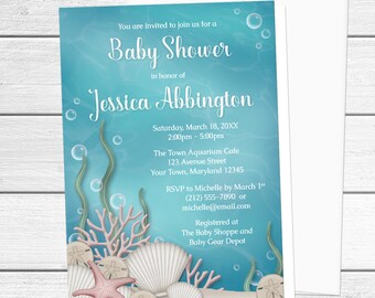 Under the Sea Baby Shower Invitations, whimsical turquoise tropical under the sea or aquarium theme - Printed