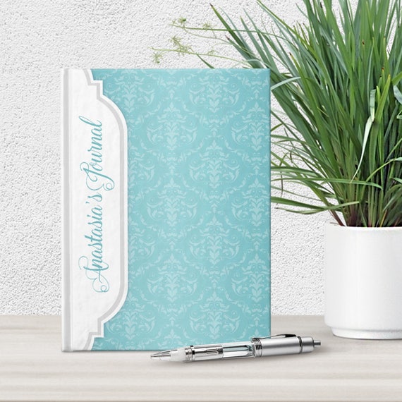Turquoise Damask Personalized Journal - 5x7 lined paper - White Binding design over Turquoise Damask Pattern - Printed Hardcover Journal Il_570xn