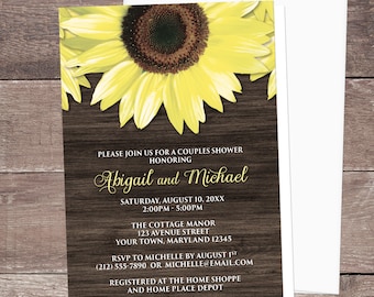 Sunflower Couples Shower Invitations - Rustic Yellow Floral and Brown Wood Background design - Printed Sunflower Invitations