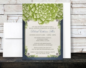 Succulent Bridal Shower Invitations Rustic - Green Garden with Navy Blue Gray on Beige Canvas design - Printed Invitations