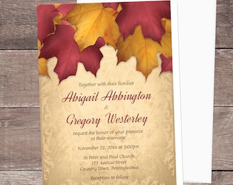 Autumn Wedding Invitations, Burgundy Gold - rustic fall wedding invitations, rustic burgundy gold leaves over gold with flourish - Printed