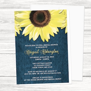 Sunflower Bridal Shower Invitations, Rustic Denim, floral yellow blue, sunflower shower invites - Printed Invitations