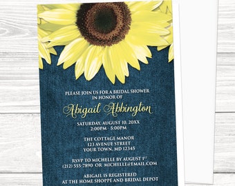 Sunflower Bridal Shower Invitations, Rustic Denim, floral yellow blue, sunflower shower invites - Printed Invitations