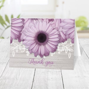 Purple Daisy Thank You Cards, Rustic Daisy Lace and Light Gray Wood, purple daisy cards Printed Cards image 1