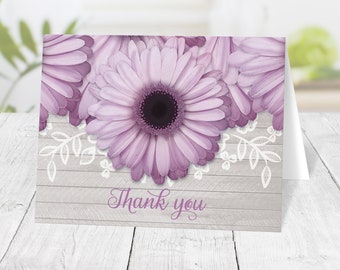 Purple Daisy Thank You Cards, Rustic Daisy Lace and Light Gray Wood, purple daisy cards - Printed Cards