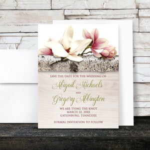 Magnolia Save the Date Cards Floral Birch Light Wood Pink White Flowers Green Printed Flat Cards image 1