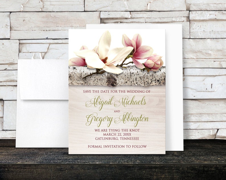 Magnolia Save the Date Cards Floral Birch Light Wood Pink White Flowers Green Printed Flat Cards image 1