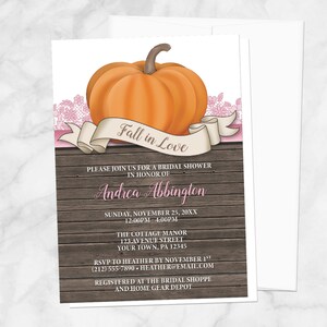 Rustic Pumpkin Bridal Shower Invitations: Fall in Love, Pink Lace