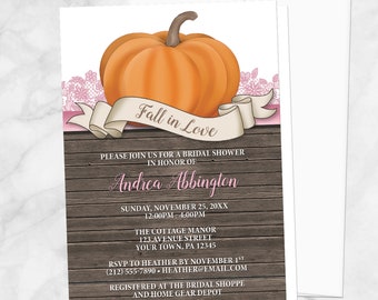 Fall in Love Bridal Shower Invitations, rustic orange pumpkin pink lace, autumn shower invites - Printed