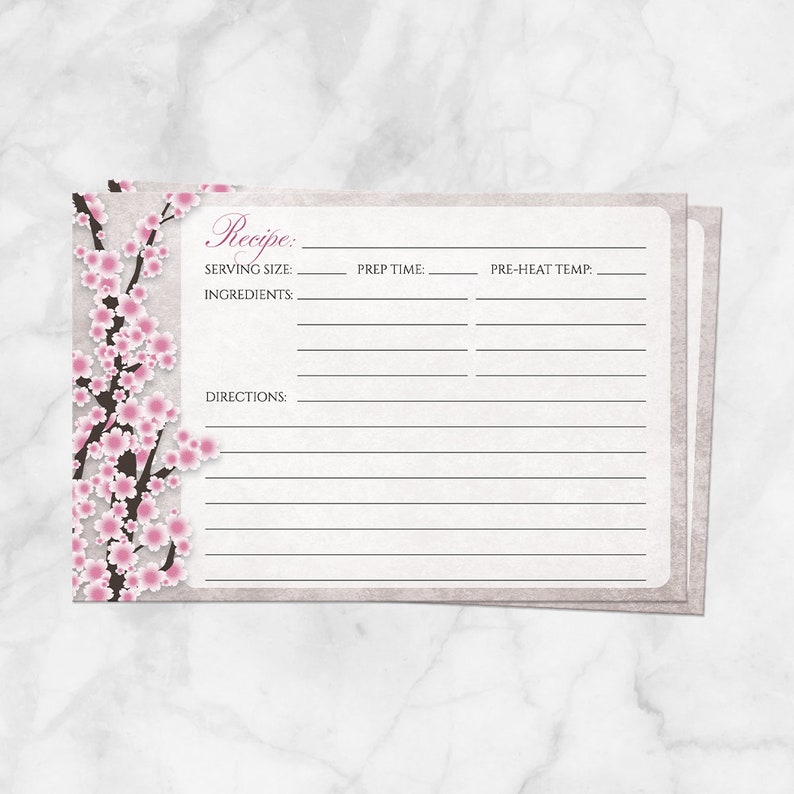 Pink Cherry Blossom Recipe Cards, rustic vintage design with pink cherry blossom branches Floral 4x6 Printed Recipe Cards image 1