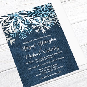 Winter Wedding Invitations, Rustic Snowflake Denim white snowflakes over blue Printed image 2